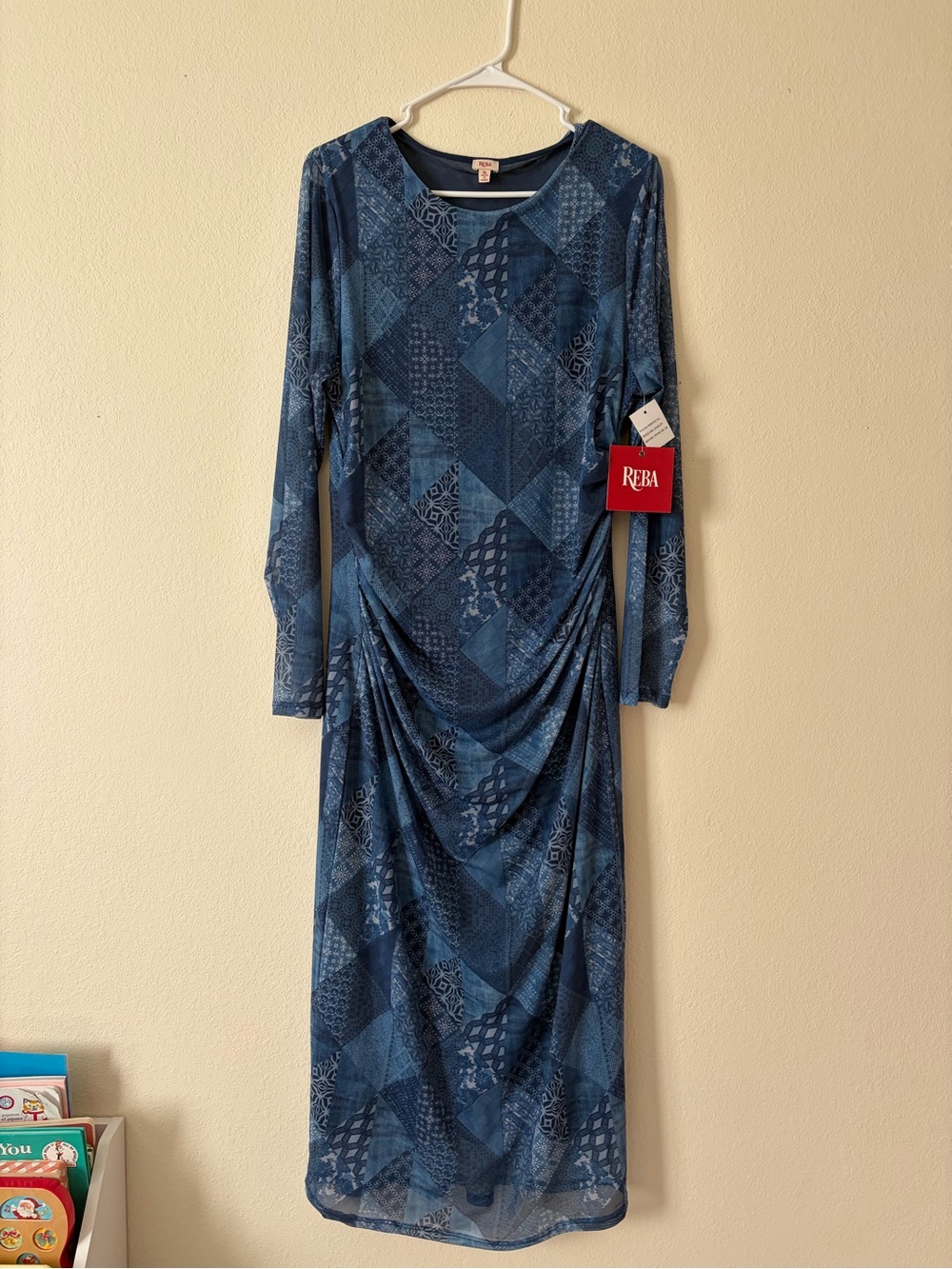 Reba Navy Blue Patchwork Bandana Long Sleeve Midi Dress XL NWT